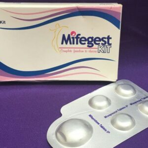 Image of Mifegest Kit packaging for medical abortion, containing Mifepristone and Misoprostol, available for fast delivery in California and the USA